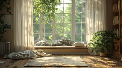 Sunlit Living Room with Window Seat and Plant