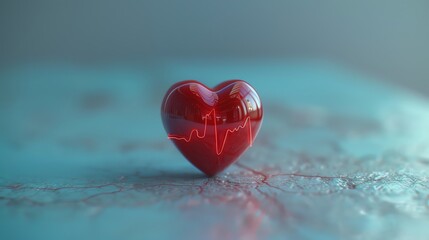Fototapeta premium Red heart with pulse line on blue background, symbolizing love and health. Perfect for medical, wellness, and valentine's day concepts.
