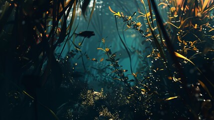 Close focus on the interplay of shadow and light through a kelp forest, casting an ethereal underwater scene.