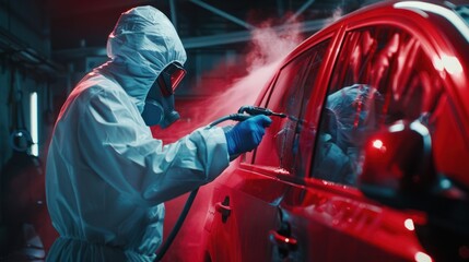 Car painter in white protective suit painting car with spray gun at auto workshop.
