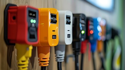 A close-up shot focusing on various plugs connected to a low-voltage power outlet, showcasing the different shapes and designs, emphasizing daily power usage