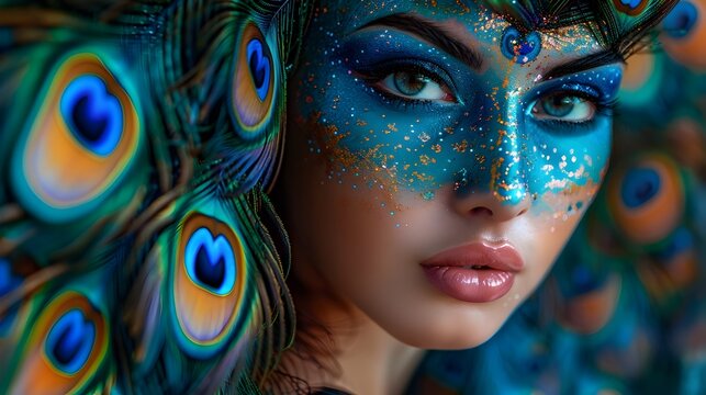 Vibrant Peacock Inspired Makeup Art   Captivating Portrait of a Mystical Ethereal Woman