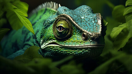 Fototapeta premium Chameleon with pronounced skin and green eyes exquisite detail