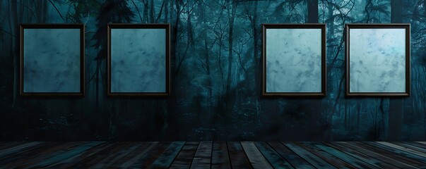 A midnight forest wall with four rectangular empty blank picture frames, arranged in a horizontal row, with a dark wooden floor below. The frames are of equal size and uniformly spaced.