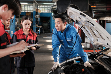 Asian male professional automotive engineer supervisor describes car engine maintenance and repair...