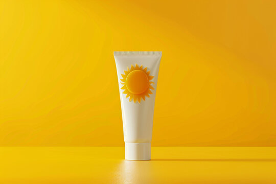 3D render of a white cream tube with an orange sun on a yellow background. Skin care product mockup in the style of sunscreen
