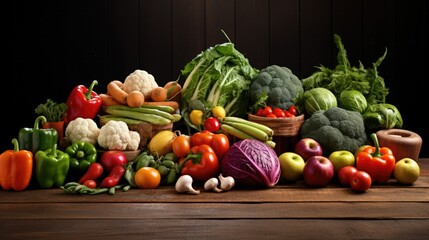 Photograph of a close-up shot of a variety of fresh fruits and vegetables, arranged in a visually appealing manner on a wooden table with a clean, uncluttered background