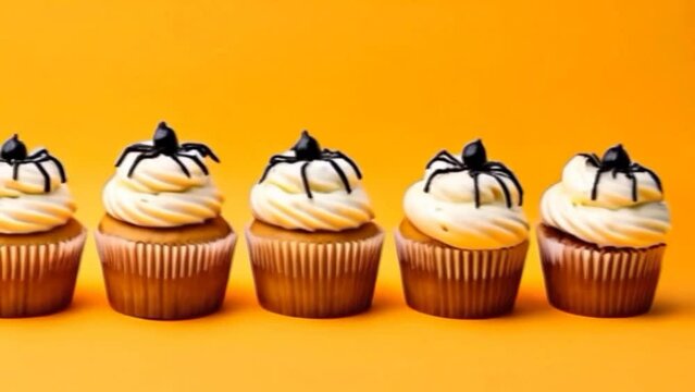 A row of sponge cakes with cream on a yellow background. Halloween and desserts.