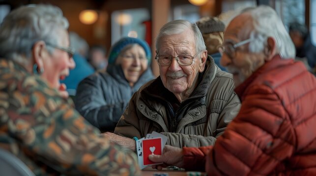 Cheerful Elderly Friends Enjoying Card Game at Community Center