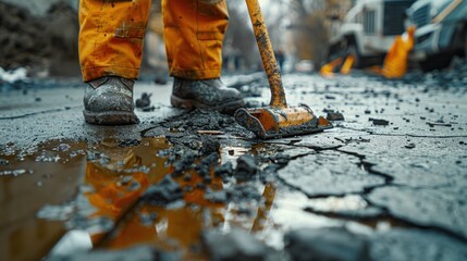Closeup of a Worker's Foot and Tool on a Cracked Road
