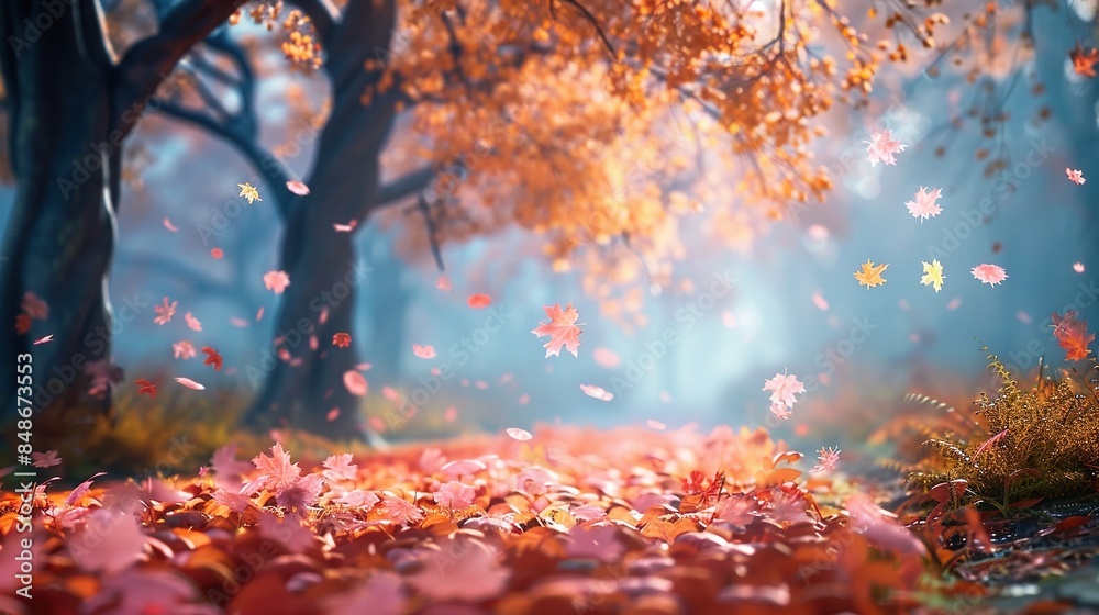Canvas Prints a beautiful autumn scene with trees and leaves falling