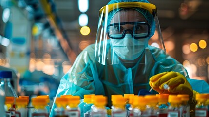 Meticulous Healthcare Worker Preparing COVID 19 Testing Station with Protective Gear