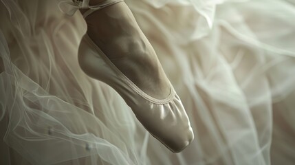 Close-up macro photograph of a ballerina's pointed toes in satin ballet shoes, capturing the...