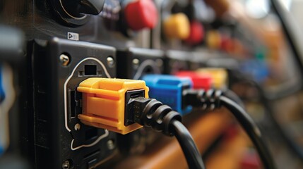 Close-up image of various plugs connected to a low-voltage power outlet, emphasizing the intricate details and textures of the plugs and outlet, showcasing everyday electrical usage