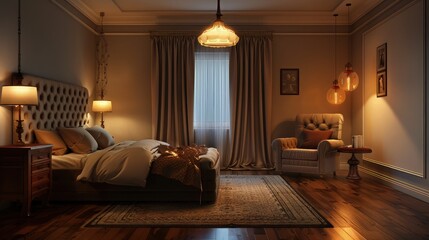 A cozy yet luxurious bedroom with a tufted headboard, a soft armchair with a reading lamp by the window, rich silk curtains, and a plush rug on a polished hardwood floor.