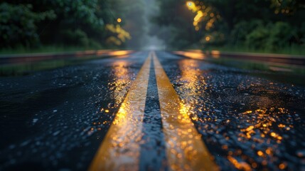 Wet Asphalt Road with Yellow Lines in the Rain