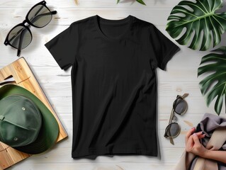 Black T-Shirt Mockup on a Wooden Background