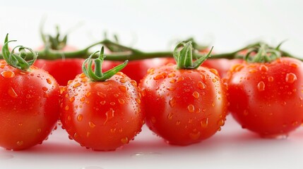 Close-up of vine tomatoes, white background, studio lighting to highlight the shiny skin and fresh green stems, crisp and clear