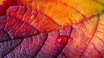 Obraz premium Close-up view of a colorful leaf with rich hues of red, orange, and yellow, highlighting the fine details and unique patterns