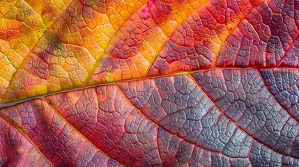 Obraz premium Close-up view of a colorful leaf with rich hues of red, orange, and yellow, highlighting the fine details and unique patterns
