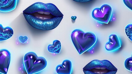 A decorative pattern with electric blue neon lips paired with glowing purple hearts, creating a cool-toned neon effect on a seamless white background for a modern vibe.