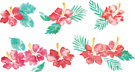水彩画。水彩タッチのハイビスカスベクターフレーム。南国風ハイビスカスの背景。Watercolor painting. Hibiscus vector frame with watercolor touch. Tropical style hibiscus background. © necomammma