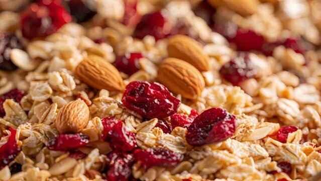 A macro shot of the top layer of lumpy oatmeal revealing the small clumpy pieces of dried cranberries and crunchy nuts.