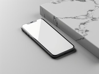 Black Smartphone Mockup on a White Marble Background