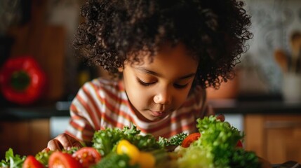 A young child is in a kitchen, cutting up vegetables on a cutting board. The vegetables include peppers, tomatoes, and lettuce.