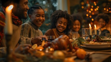 Diverse Family Enjoying a Festive Holiday Meal Together in Warm Lighting