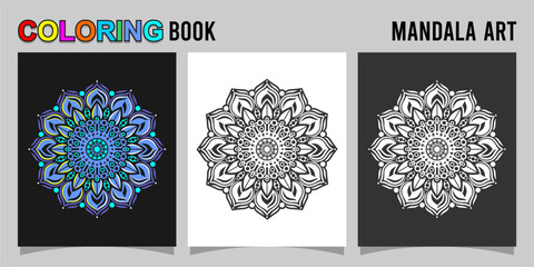 mandala shape coloring book. Isolated on white and black background. accompanied by colored contour.
