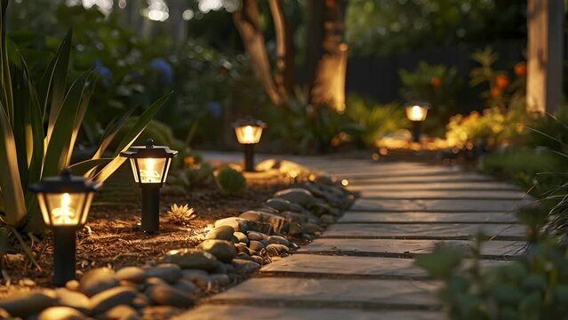 Solar path lights casting a warm glow on the rustic stone walkway in the backyard.
