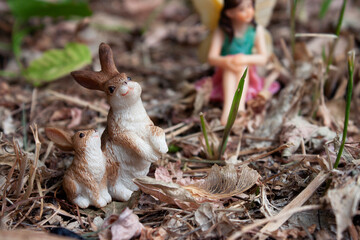 Miniature Fairy Garden Bunny Mom and Baby Rabbits