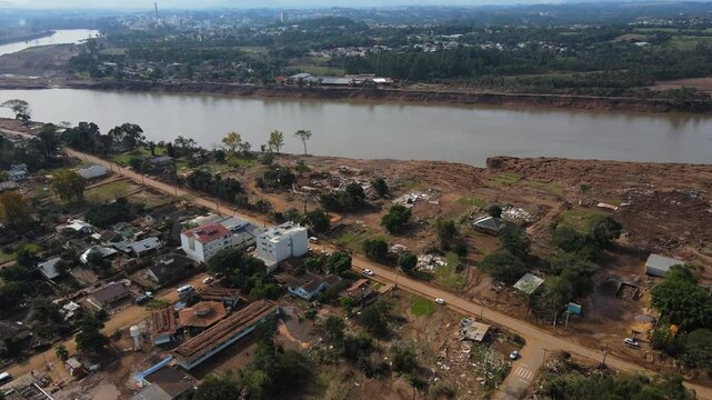 South Brazil Floods 2024 - Drone shot of Taquari River and aftermath of floods in Cruzeiro do Sul City - Rio Grande do Sul