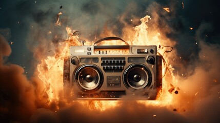 photograph of a vintage boombox engulfed in flames, with the smoke billowing up around it and obscuring the background.