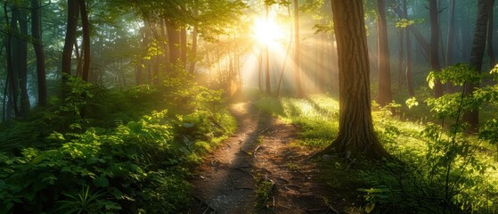 Fototapeta premium Sun-dappled forest with a winding path, representing green energy routes and sustainability journey, lush and vibrant greenery, serene and peaceful