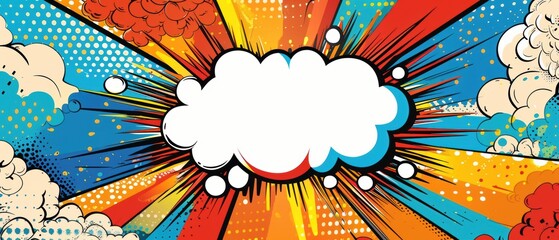 Pop art explosion background with a central speech bubble, bright and bold colors, comic book inspired, dynamic and energetic visual