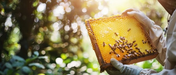 Honeycomb frame in the hands of a beekeeper, sunlight streaming through trees, peaceful and serene, bees and green foliage