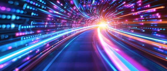 Fototapeta premium Highspeed data stream in a vibrant futuristic tunnel, abstract tech visualization, lightspeed effect, dynamic and high-tech theme