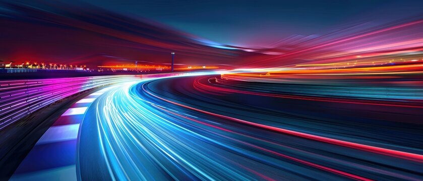 Illuminated night race track, vibrant light trails highlighting the speed and excitement, dynamic and energetic atmosphere