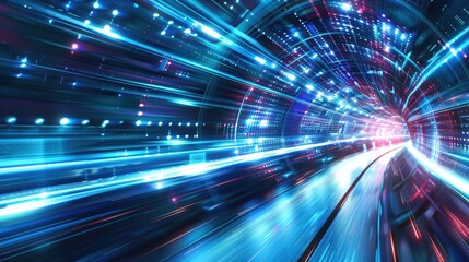 Dynamic tech tunnel with highspeed data flow, vibrant and abstract visualization, futuristic colors, lightspeed motion, high-tech design