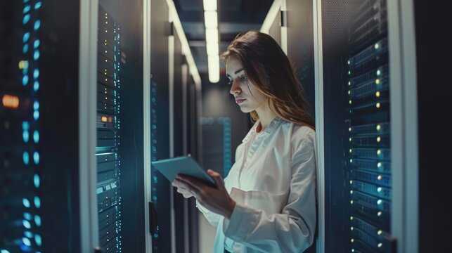 Female IT professional using a tablet in a data center, surrounded by server racks, focused and efficient, modern technology environment