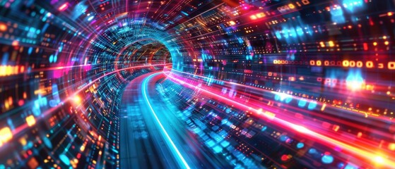 Obraz premium Digital data vortex with vibrant lights, highspeed abstract tech tunnel, futuristic visualization, dynamic motion, high-tech atmosphere