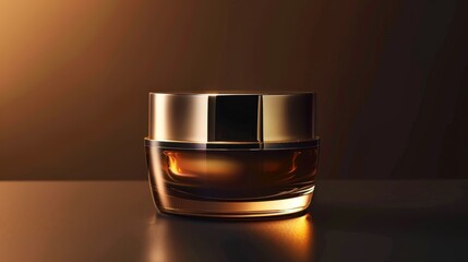 Macro shot of a high-end cream container, gradient color packaging, dark gold background, emphasizing opulence and luxury