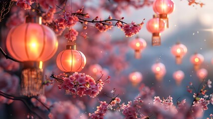 Enchanting Cherry Blossom Lanterns Under Dusk Sky
