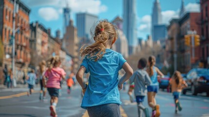 A group of children are running down a city street. The girl in the blue shirt is the only one running in the foreground. The scene is lively and energetic