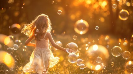 A young girl is running through a field of bubbles. The bubbles are scattered throughout the field, creating a whimsical and playful atmosphere