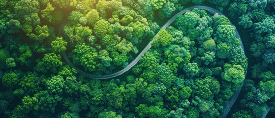 Aerial view of a winding path through a dense green forest, symbolizing green energy pathways, sunlight filtering through trees, Earth's roadmap to sustainability