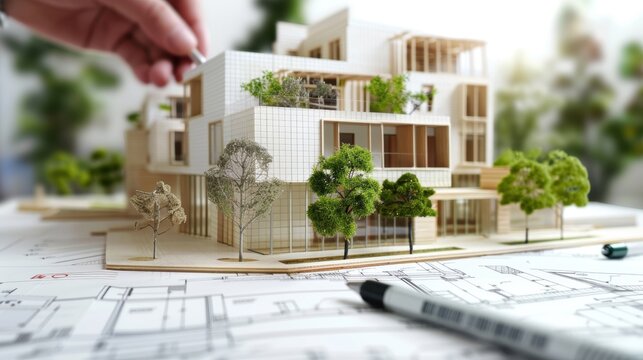 Architect designing a sustainable building, focus on eco-friendly materials and construction methods, modern architecture