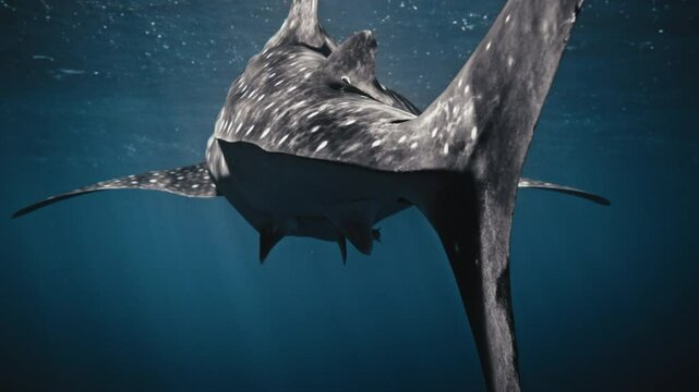 Telephoto closeup of shark tail fin swaing with silhouette and air bubbles floating in water mysteriously in slow motion
